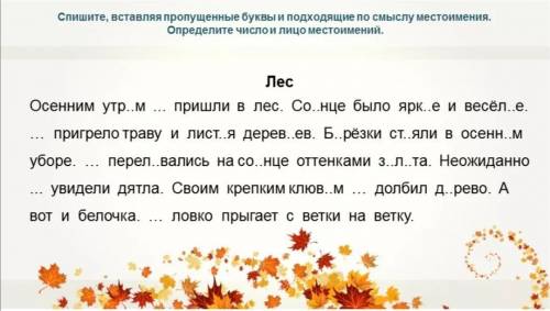 Спишите, вставляя пропущенные буквы и подходящие по смыслу местоимения. Определите число и лицо мест