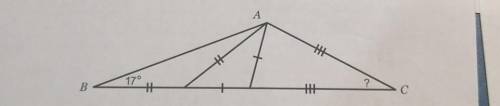 13. Треугольник ABC разбили на три равнобедренных треугольника (см.рисунок). Угол В равен 17°. Найди