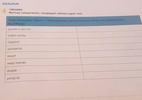 ЖАЗЫЛЫМ 4-тапсырма.Мәтінді пайдаланып, сөздерден сөйлем құрап жаз.Үлгі: Қалқаман Саринжүлдегері.халы