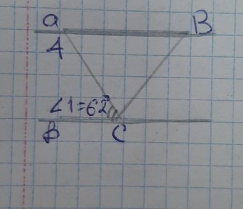 Дано: прямая А и В они ll, угол 1= 62⁰. Найти: угол А, угол В, угол С​