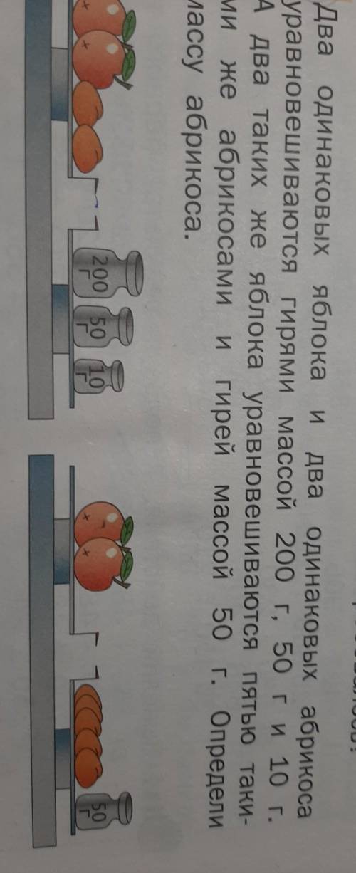 Два одинаковых яблока и два одинаковых абрикосауравновешиваются гирями массой 200 г, 50 г и 10 г.А д