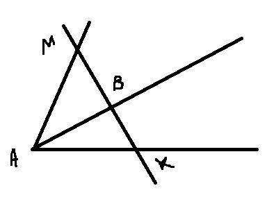 На бісектрисі кута А позначено точку В і через неї проведено пряму , перпендикулярну до бісектриси к