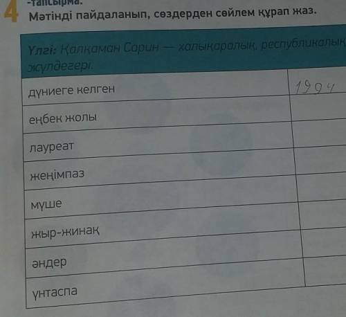 4 мәтінді пайдаланып, сөздерден сөйлем құрап жаз. респлатноҮлгі: Қалқаман Сарин хоорсүлдегердүниеге