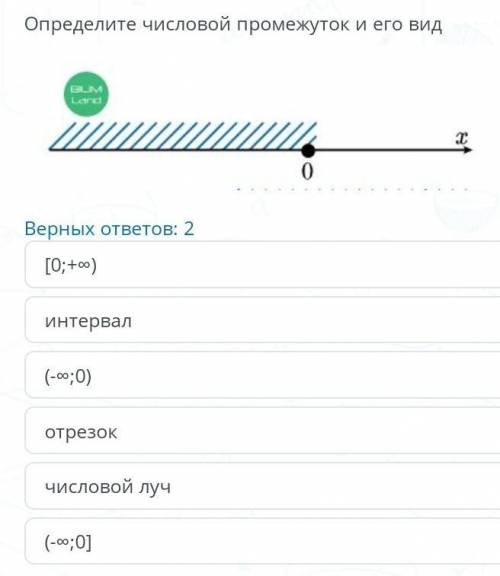 Задание №7 Определите числовой промежуток и его вид￼Верных ответов: 2[0;+∞)интервал(-∞;0)отрезокчисл