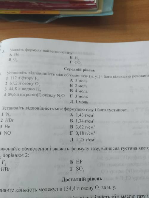 Устпновіть відповідність між об'ємом газу ( н. у. ) і його кількістю речовини ів