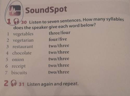 SoundSpot 1 9/30 Listen to seven sentences. How many syllablesdoes the speaker give each word below?