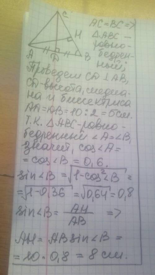 В треугольнике ABC AC=BC, AB=10, cosA=0,6. Найдите высоту AH