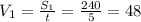 V_1=\frac{S_1}{t} =\frac{240}{5} =48