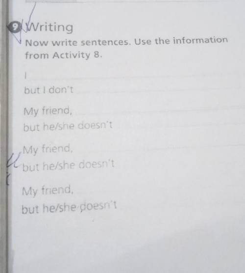 E Writing Now write sentences. Use the informationfrom Activity 8.but I don'tMy friend,but he/she do