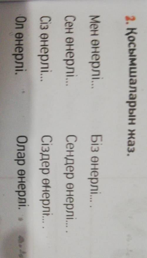 2. Қосымшаларын жаз. Мен өнерлі...Сен өнерлі...Сіз өнерлі...Ол өнерлі.Біз өнерліСендер өнерліСіздер