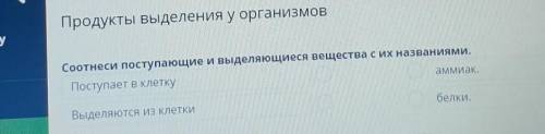 Продукты выделения у организмов Соотнеси поступающие и выделяющиеся вещества с их названиями.Поступа
