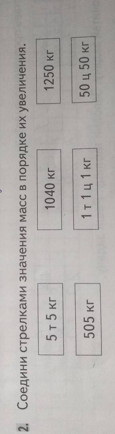 Соедини стрелками значения масс в порядке их увеличения. 55 кг1040 кг1250 кг505 кг1т 1 ц 1 кг50 ц 50