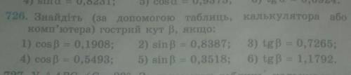 726. Знайдіть (за до таблиць, калькулятора абокомп'ютера) гострий кут В, якщо:​