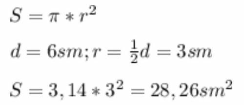 Діамитр кола 6 см. знайдіть площу круга