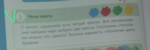 1 Реши задачу.У юного художника есть четыре краски. Для раскрашива.ния пейзажа надо выбрать две крас