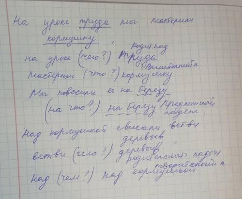 Спиши предложения и определи падеж у имён существительных. На уроке труда мы мастерили кормушку. Мы