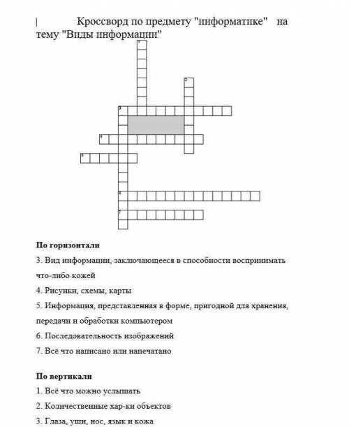 По горизонтали 3. Вид информации, заключающееся в воспринимать что-либо кожей 4. Рисунки, схемы, кар