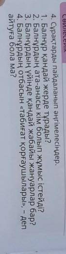 4. Сұрақтарды пайдаланып әңгімелесіңдер. 1. Балнұр қандай жерде тұрады?2. Балнұрдың ата-анасы кім бо