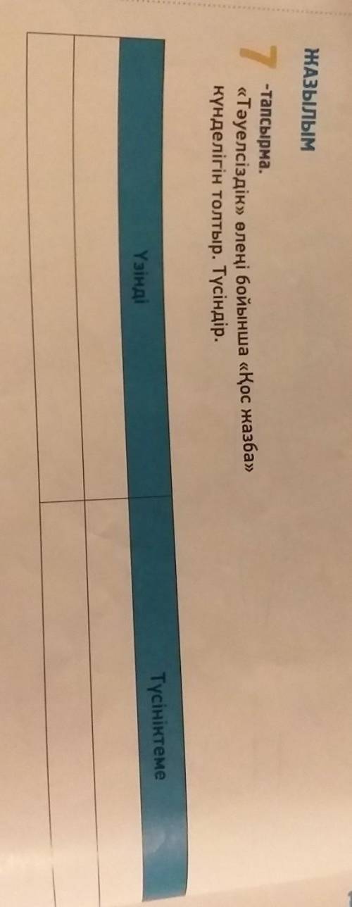 ЖАЗЫЛЫМ7-тапсырма.күнделігін толтыр. Түсіндір.ТүсініктемеҮзінді«Тәуелсіздік» өлеңі бойынша «Қос жазб