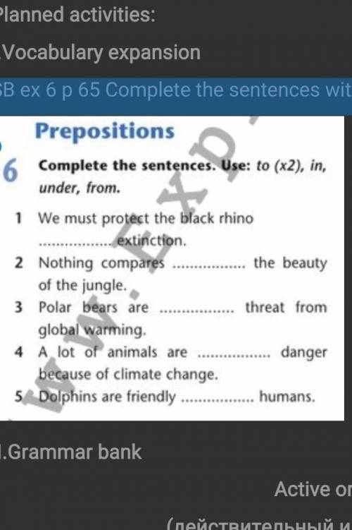 SB ex 6 p 65 Complete the sentences with prepositions​