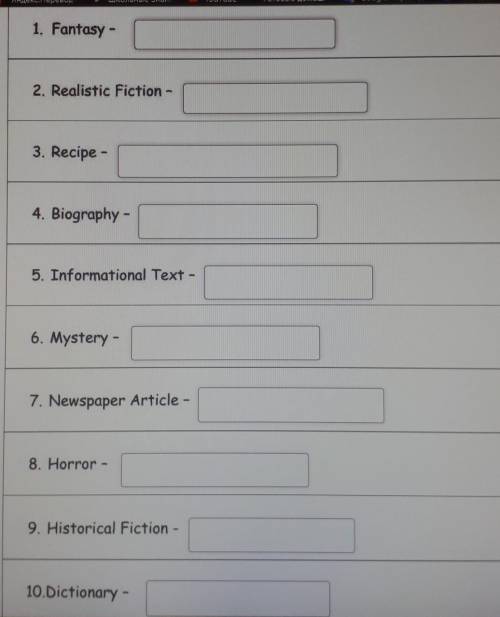 Write Fiction or Nonfiction for each type of literature below. 1. Fantasy -2. Realistic Fiction -3.