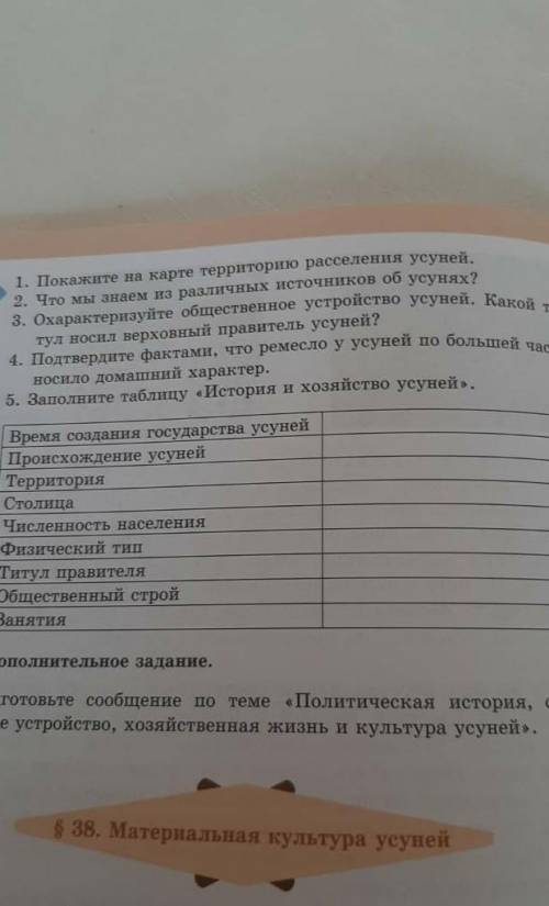 5.Заполните таблицу «История и хозяйство усун»