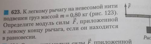 Клегкому рычагу на невесомой нити подвешен груз массой т = 0,80 кг. Определите модуль силы F, прилож