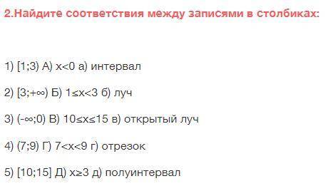 проверочная! 2.Найдите соответствия между записями в столбиках: 1) [1;3) А) х<0 а) интервал 2) [3