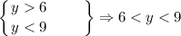 \displaystyle \left \{ {{y 6 \hfill} \atop {y < 9}} \right. \qquad \bigg \} \Rightarrow 6 < y