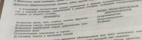 установите соответвие между примерами и видами экономической деятелности: к каждой позиции, проведён