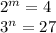 2 ^{m} = 4 \\ 3 ^{n} = 27