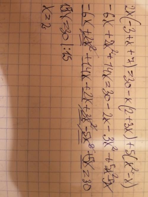 Решите уравнение 2x(-3+x+7)=30-x(2+3x)+5(xво 2 степени - x) ​