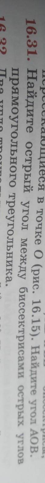 16.31. Найдите острый угол между биссектрисами острых углов прямоугольного треугольника​
