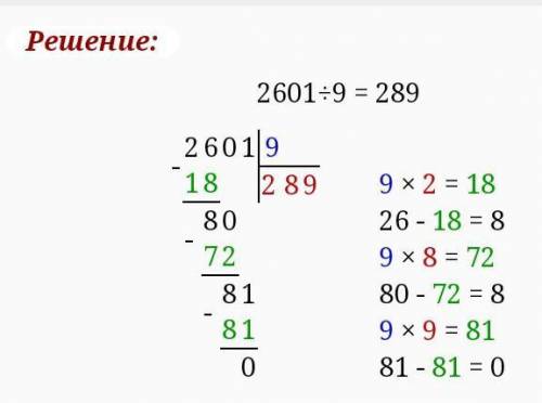 Деление в столбик 2601:9 (фотку)