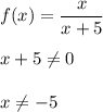 \displaystyle f(x)=\frac{x}{x+5}\\\\x+5\neq 0\\\\x\neq -5