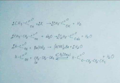 нужна Составить реакции: уксусная кислота + калий→ пропионовая кислота+оксид натрия→ муравьиная кисл