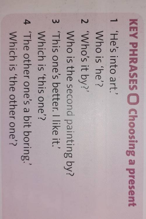 Listen to the key phrases. Then answer the questions. 1 'He's intro art.'Who is 'he'?2 'Who's it by?