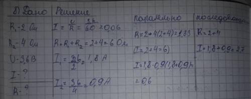 Напряжение источника равно 3,6 В. Сопротивления резисторов равны 2 и 4 Ом. Определите общее сопротив