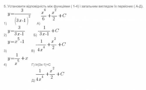 Установити відповідність між функціями ( 1-4) і загальним виглядом їх первісних ( А-Д).