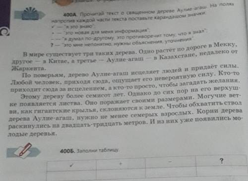 400A. Прочитай текст о священном дереве Аулие-aгаш. На полих напротив каждой части текста поставьте