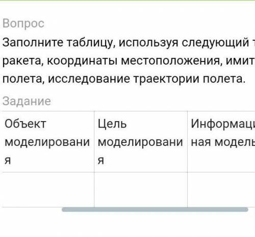 Заполните таблицу, используя следующий текст: ракета, координаты местоположения, имитация полета, ис