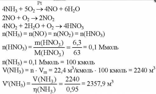 Сколько литров и моль аммиака требуется для получения 6,3 кг азотной кислоты считая потери в произво