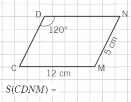 НАЙДИТЕ ПЛОЩАДЬ ТРАПЕЦИИ CDNM, ЕСЛИ CM = 12cm, MN = 5cm, а угол D = 120 градусов. Подобнее на картин