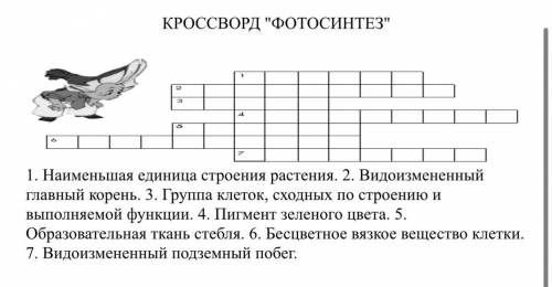 1. Наименьшая единица строения растения. 2. Видоизмененный главный корень. 3. Группа клеток, сходных