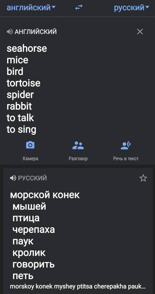 Перевести слова: seahorse-mice-bird-tortoise-spider-rabbit-to talk-to sing-​