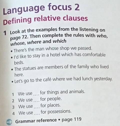 1 Look at the examples from the listening on page 72. Then complete the rules with who,whose, where