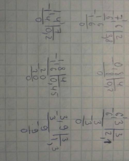 Выполните 7,6 : 2 =0.8 : 4 =6,3 : 3 =1,4 : 7 –1.8 : 4 =3.9: 3 = сделаю лучшим ответом кто первый