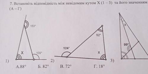 7. Встановіть відповідність між невідомим кутом X (1 – 3) та його значенням (А—Г) Б. 82°A.88В. 72°Г.