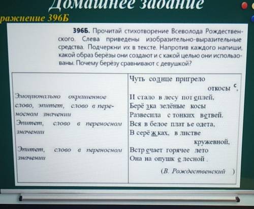 Домашнее задание Iжнение 396Б396Б. Прочитай стихотворение Всеволода Рождествен-ского. Слева приведен