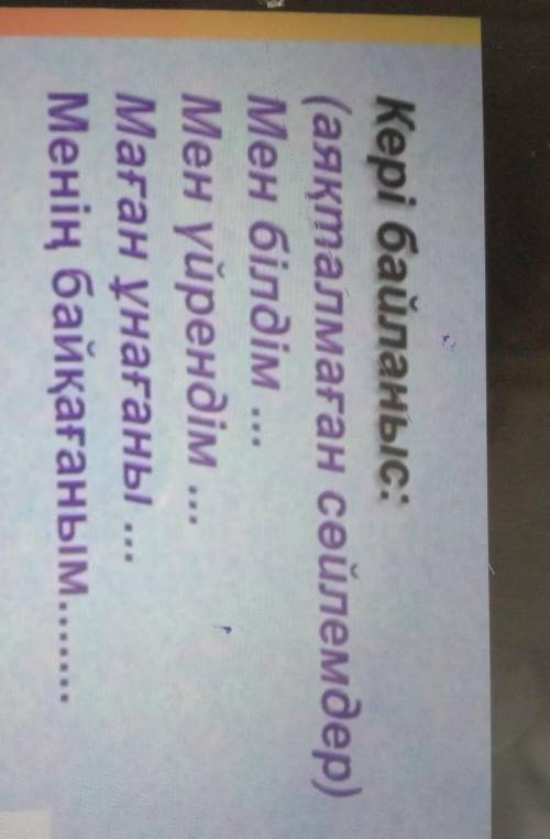 Кері байланыс: (аяқталмаған сөйлемдер)Мен білдім ...Мен үйрендім ...Маған ұнағаны ...Менің байқағаны